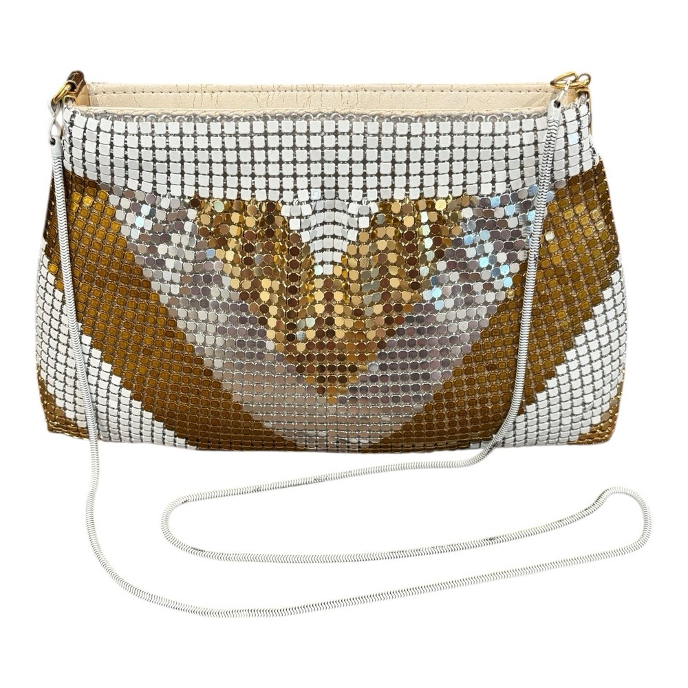 Elka Mesh Crossbody Purse Gold‎ White Silver Chain Strap Zip Up Evening Bag